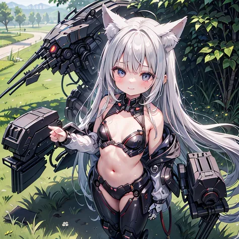 (Fox Girl, Fox Ears, Silver Hair, Fox Makeup, One Woman, Long Hair:1.6), (mecha musume, Machinery Parts,Robot Joints, Red clothes, I can see her cleavage, Skin is visible:1.8), (Body measurements are 75-60-75!, Young girl body, Small breasts, Emphasize the...