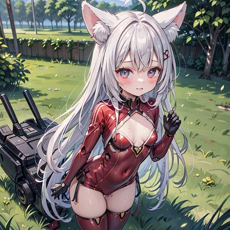 (fox girl, fox ears, silver hair, fox makeup, one woman, long hair:1.6), (mecha musume, machinery parts,robot joints, red clothe...