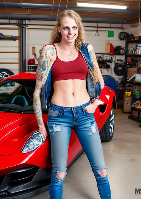 very pretty 19 years old girl with no hair without hair and no top and tattoos and and and green eyes in garage and without top and blue denim jeans jacket and tight jeans and black boots on red ferrari car 