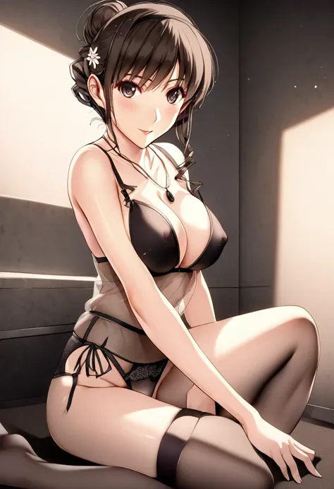 See-through, flashy black underwear　Soapland　Shy and seductive look　sexy　Sit on the mat　office lady　Japanese women　Manga illustration　Beautiful breasts　the body is slim　Highest quality　4K Chignon Hairstyle　Light brown black hair　hair ornaments　Fancy Neckla...