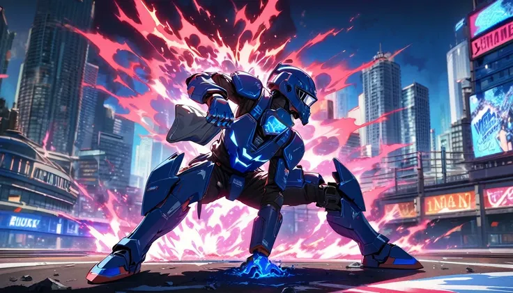 Mech suit, standing, Downtown Vancouver, high-quality artwork, vibrant colours, metal armour, intense lighting, cityscape background, heroic pose, dramatic shadows, black suit with red neon lights, dynamic motion, hockey goalie faceplate, hockey goalie hel...