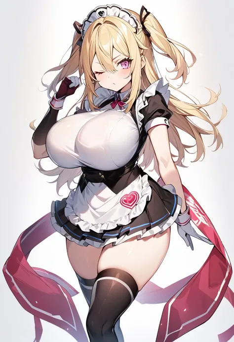 (One girl)、medium length hair、(sidelock)、((Blonde))、(slan eyes)、（boyish）、cute、(Big super breasts)、((Chubby))、Maid、No sleeve、mini skirt、White sleeveless、thigh-high socks thighhighs、(long gloves)、hairs between eyes、(coarse hair)、[flipped hair]、pink eye、expre...