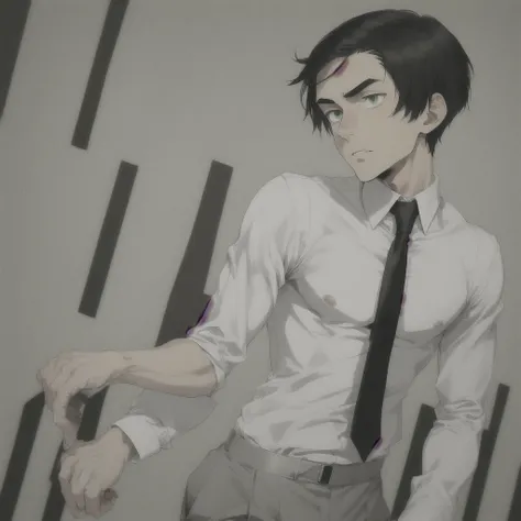 White boy, tan skin,  black combover hairstyle, green eyes, long nose, long sharp face , skinny , tall, white shirt, grey tie, grey pants, fancy shoes