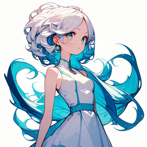 girl、fishとgirl、fish、fish座、curly white hair、White background、Simple clothes、White Dress