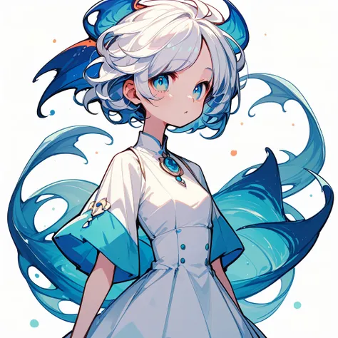 girl、fishとgirl、fish、fish座、curly white hair、White background、Simple clothes、White Dress