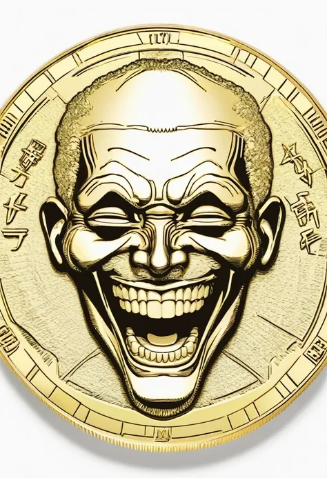 low quality、line art、（one coin）、mouth、teeth are visible、gold、logo、central、big、background is white