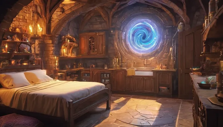 Dungeons and Dragons, Bed and Breakfast, kitchen full of magical portals swirling magical portal energy