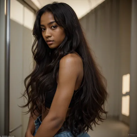 masterpiece, best quality, 1 girl, solo, beautiful African and sensual Asian mixed 19 year old, ebony skin female, back to canera glancing over her shoulder, long, frizzy, curly dark hair, perfect face, long hair
