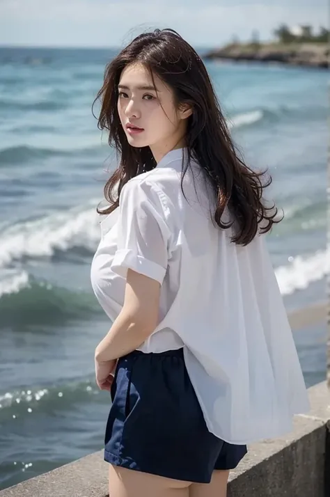 (Gray background、pubic hair、Large Breasts、Thighs、(((Glaring)))、Curly Hair、Disheveled Hair、Cute woman、high school girl、White shirt、Navy frill mile、Open chest shirt、A wet shirt with underwear showing through、Wet Hair、Gazing at the sea、Watching from behind、５０...