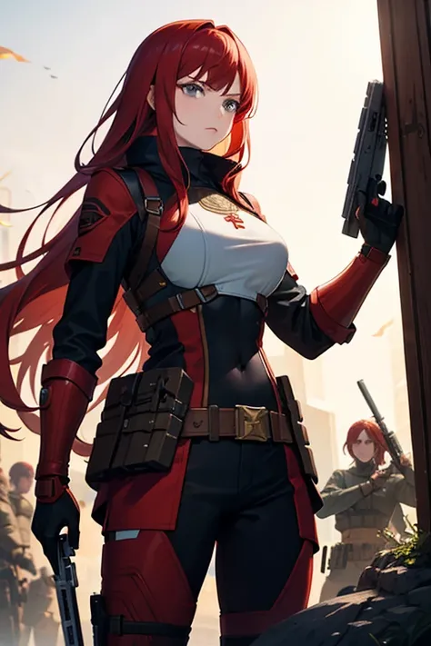 Red hair.shield.gun.Female warriors