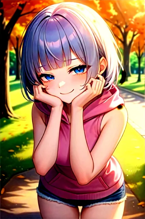 (masterpiece, best quality:1.2), absurdres, perfect anatomy, 1girl, (smug smile:1.2), POV, looking at viewer, hand on cheek, short hair, wavy hair, blunt bangs, silver hair, outdoors, autumn, pink (sleeveless hoodie:1.2), hood down, ( jean shorts:1.1), sol...