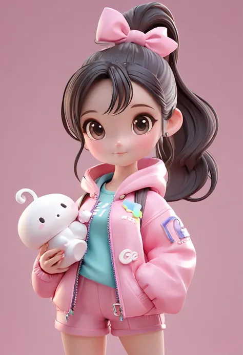 wearing a ponytail、marshmallow in hand、cartoon girl in pink jacket, super cute 3d rendering, cute cartoon characters, rendering ...