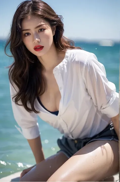 (Gray background、pubic hair、Large Breasts、Thighs、Red lipstick、(((Glaring)))、Curly Hair、Disheveled Hair、Cute woman、high school girl、White shirt、Navy frill mile、Open chest shirt、A wet shirt with underwear showing through、Wet Hair、Gazing at the sea、