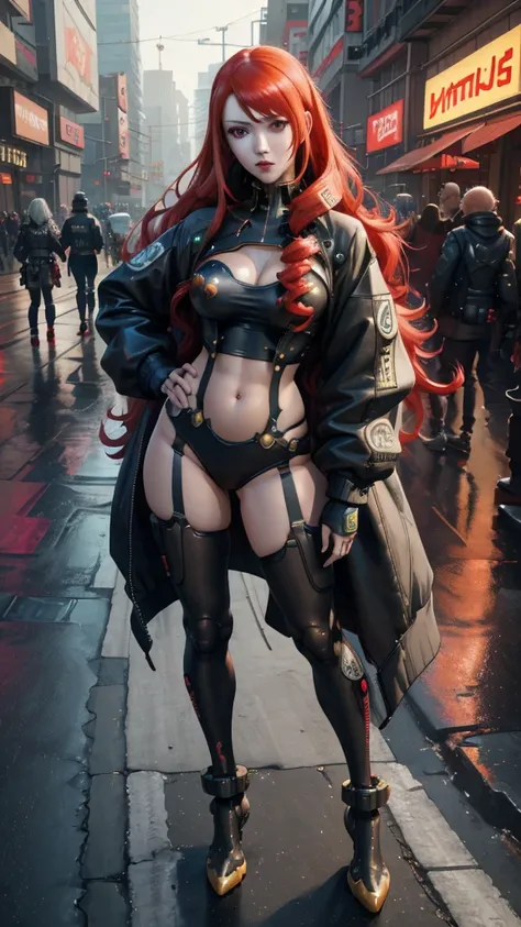 a woman with long red hair and a colorful shirt posing, cyberpunk art by Kentaro Miura, Trends in CG society, digital art, wearing cyberpunk jacket 2 0 7 7, artwork in the style of guweiz, cyberpunk anime girl, Brigitte de Overwatch, lovely Brigitte de Ove...