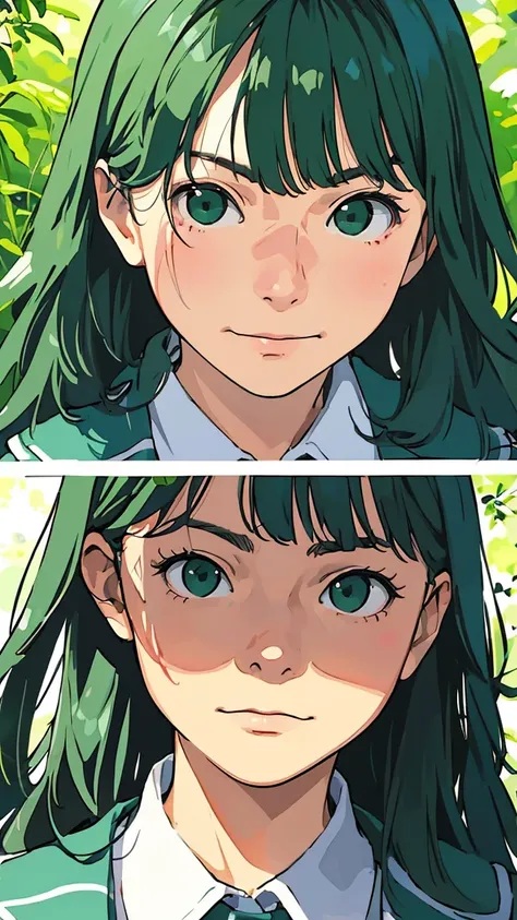 ((Facial expression pattern, worried face, angry face, smiling face)), green eyes, (green hair), ((wavy hair)), uniform, one girl, one person, very beautiful, best quality, great quality, curated, shapes, very detailed, anime coloring, very detailed, offic...