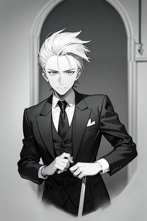 Content: A 3/4 shot of a front-facing man in a butler suit and tie, wearing formal attire. He has white hair, grey eyes, a confident smirk, and a mature face. He is holding a cane in his left hand.

Medium: Digital art, anime illustration.

Style: Visual n...