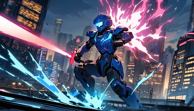 Mech suit, standing, Vancouver, high-quality artwork, metal armour, intense lighting, cityscape background, heroic pose, dramatic shadows, black suit with red neon lights, dynamic motion, hockey helmet with blue visor, video game, blue electric fists, smas...