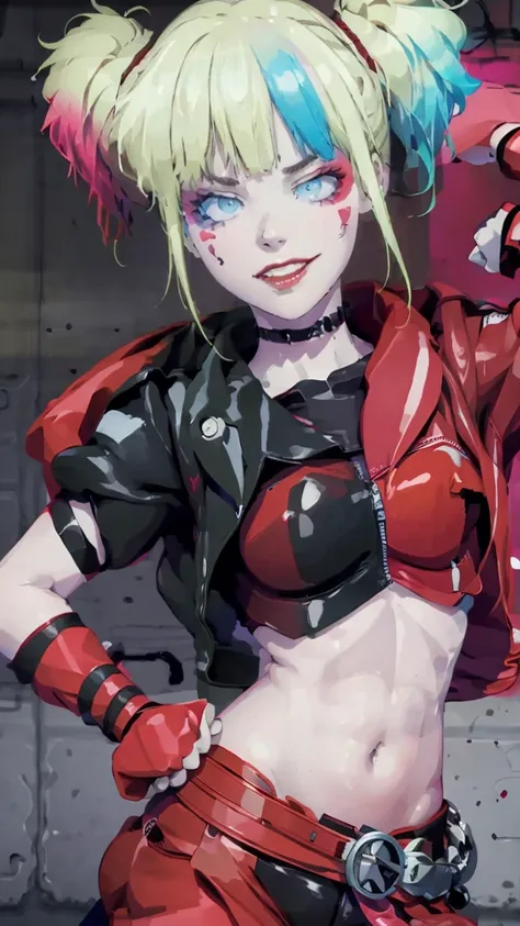 masterpiece, Best quality, a high resolution, 1 girl, hair braided in two short ponytails, very detailed eyes, Fine detail, Correct anatomy 1.1., Harley Quinn from Suicide Squad, open jacket with short sleeves shorts studded belt mesh belt chain gloves bra...