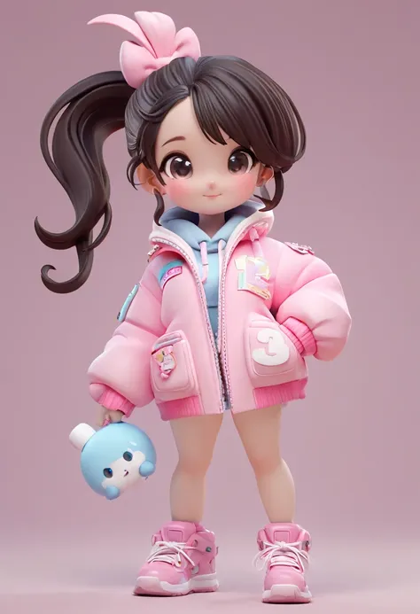 wearing a ponytail、marshmallow in hand、cartoon girl in pink jacket, super cute 3d rendering, cute cartoon characters, rendering ...