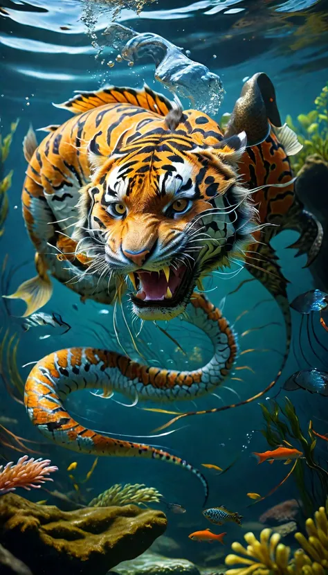 There is a creature in the water，Tigers head，Fish body，Snake tail(best quality，4K，8k，High level，masterpiece：1.2），Ultra Detailed，（lifelike，Photo real，Photo real：1.37），Highly detailed animals，Complex patterns，Realistic lighting，Fantasy Creatures