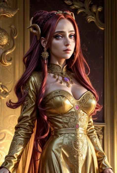 (absurdres, highres, ultra detailed), 1girl, zodiac sign - Aries goddess , solo, mature, Baroque, long dress, long sleeve, elegant, colorful, highest detailed, upper body , sunset hair . Fire eyes . Brave, willful, productive, enterprising humanitarian fac...