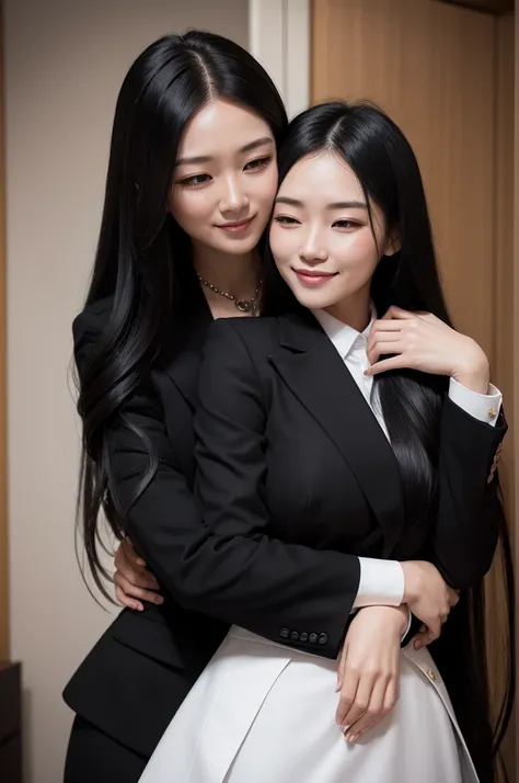 A woman with a serious face, long black hair and a black suit hugging a woman with long blonde hair with a smile on her face and a doctor&#39;s coat