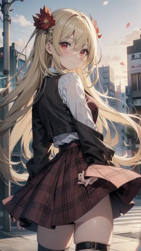 (masterpiece:1.6, Highest quality), (Beautiful, detailed eyes: 1.2), Fiami, Yami-ish, girl, Long Hair, , hair ornaments, Hair between the eyes, Both sides up, Blonde, very Long Hair, Red eyes, Thigh straps, Sweater vest, Plaid, socks, Both sides up, hair o...