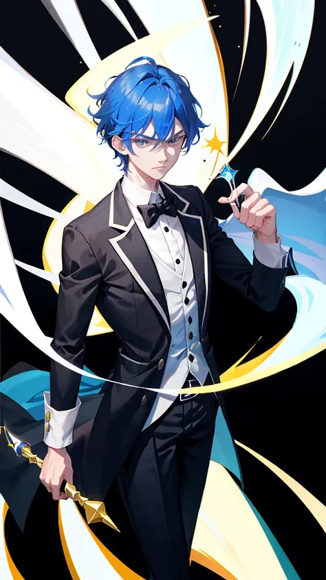 An adult man holding a small wand like a magic professor, his hair was bright blue, and he had a handsome face, without a hat, High quality, (Black background) white aura, black aura. 