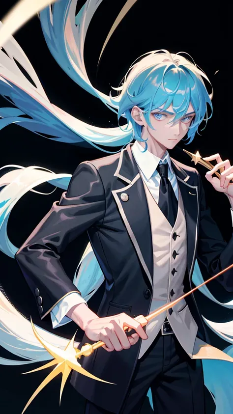 An adult man holding a small wand like a magic professor, his hair was bright blue, and he had a handsome face, without a hat, High quality, (Black background) white aura, black aura. 