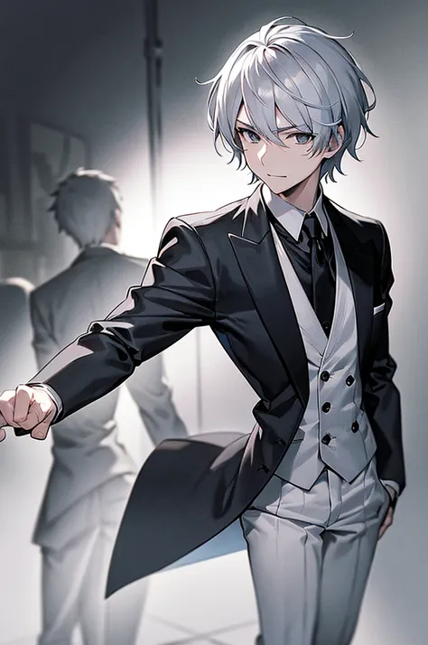 Content: A 3/4 shot of a front-facing man in a butler suit and tie, wearing formal attire. He has white hair, grey eyes, a confident smirk, and a mature face. One arm is clenched in a fist against his chest, while the other arm rests at his side.

Medium: ...