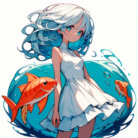 girl、魚とgirl、Lots of fish、Pisces、curly white hair、White background、Simple clothes、White Dress