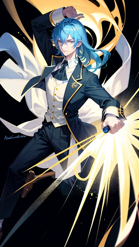 An adult man holding a small wand like a magic professor, Athletic ideal body, his hair was long bright blue, and he had a handsome face, without a hat, High quality, (Black background) white aura, black aura. Medieval era