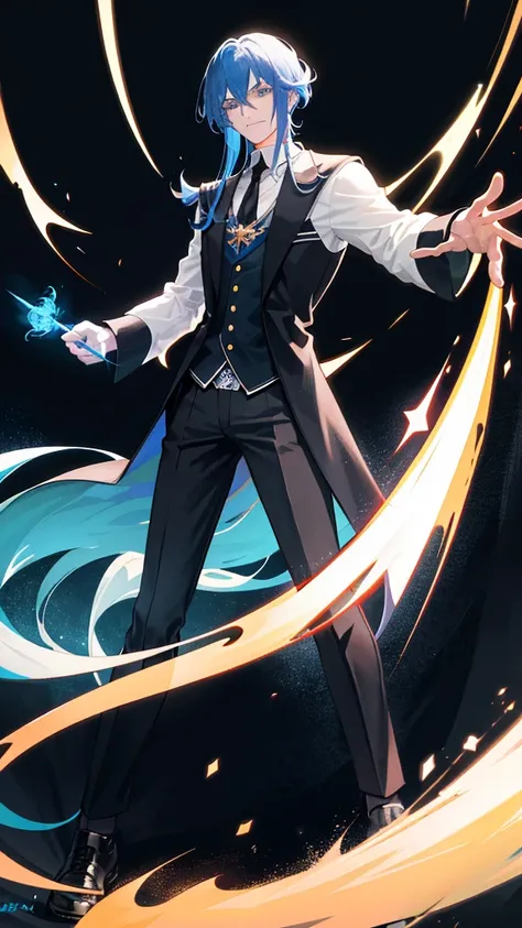 An adult man holding a small wand like a magic professor, Athletic ideal body, his hair was long bright blue, and he had a handsome face, without a hat, High quality, (Black background) white aura, black aura. Medieval era