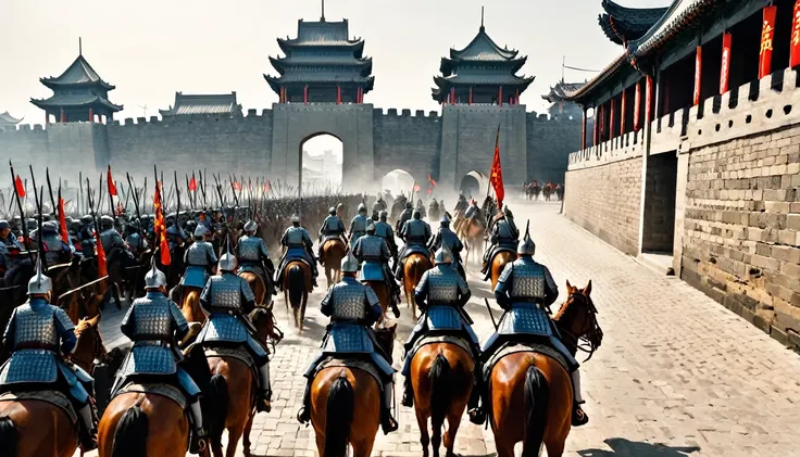 A squad of cavalry，Enter the towering city walls，Chinese City Gate