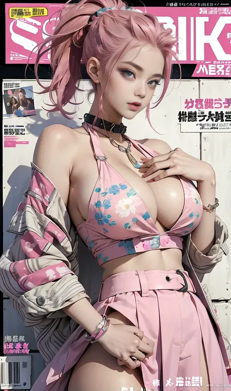 Best quality, Works of masters, A high resolution, 1girl, Super beautiful face, super beautiful eye, Super beautiful pink mohawk hair，(MagazineCover:1.2)，Trendy Harajuku-inspired rock skirt，top nude, accentuated super huge enormously gigantic , cleavage sh...