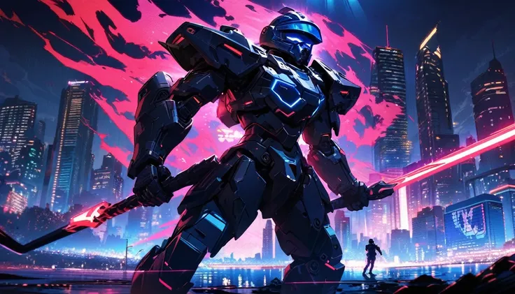 Mech suit, standing, viewing the city,, Vancouver, high-quality artwork, metal armour, intense lighting, cityscape background, heroic pose, dramatic shadows, black suit with red neon lights, hockey helmet with blue visor, video game, blue electric fists, g...