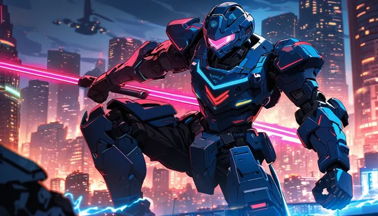 Mech suit, standing, viewing the city,, Vancouver, high-quality artwork, metal armour, intense lighting, cityscape background, heroic pose, dramatic shadows, black suit with red neon lights, hockey helmet with blue visor, video game, blue electric fists, g...