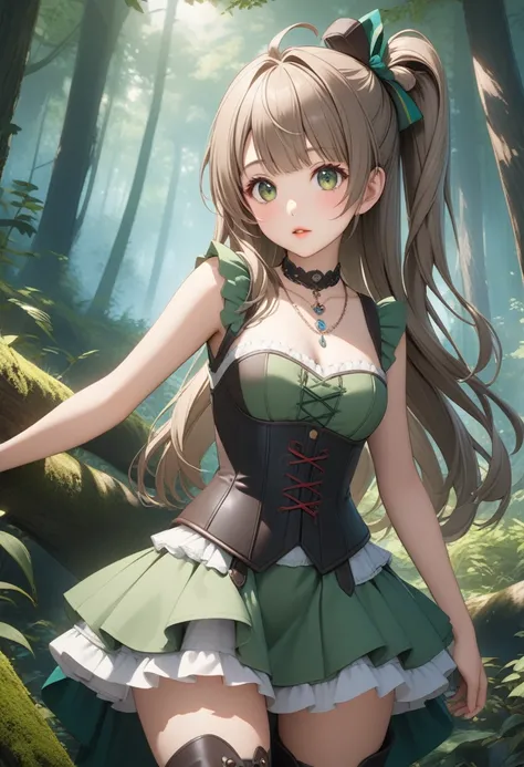 Minami Kotori, One side up, Hair Ribbon, masterpiece, Highest quality, High resolution, unity 8k wallpaper, figure, Detailed eyes, Highly detailed face, Extremely detailed CG, Glossy Lips, light makeup, Are standing, corset, panties, Thigh-high boots, neck...