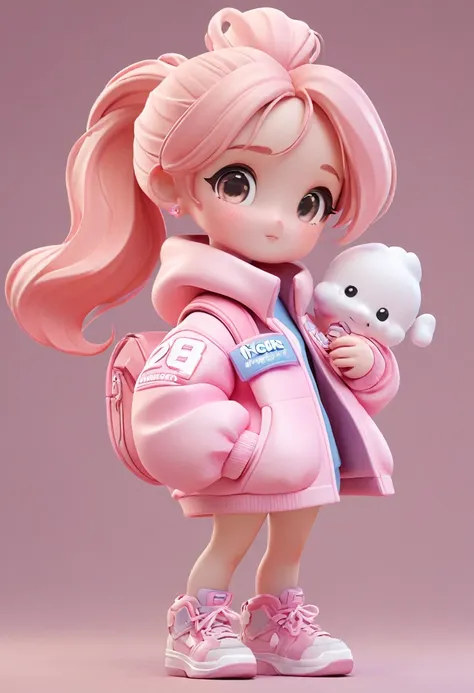 wearing a ponytail、marshmallow in hand、cartoon girl in pink jacket, super cute 3d rendering, cute cartoon characters, rendering ...