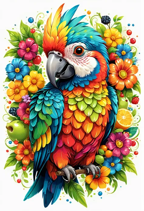 sticker, arte vetorial para  t-shirt design, of a colorful illustration of smiling little parrot, at the center, swirly vibrant ...