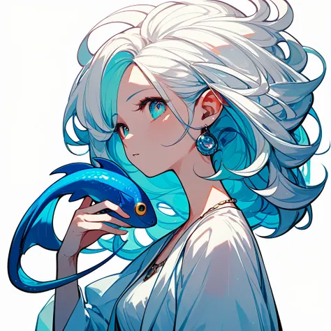 girl、ピンクの魚とgirl、Lots of fish、Pisces、curly white hair、White background、Simple clothes、White Dress