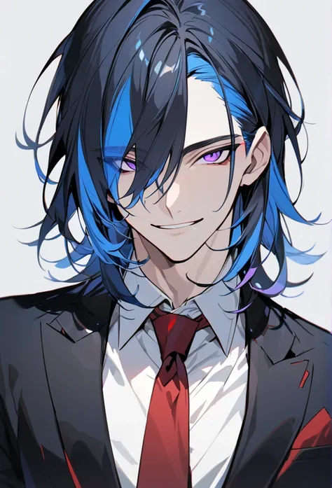 Handsome, 1 male, solo, medium length hair, with bangs, bright blue hair with hidden white highlights, sharp eyes, purple eyes, white shirt, red tie, black jacket, black pants, smile facial, half body shot.