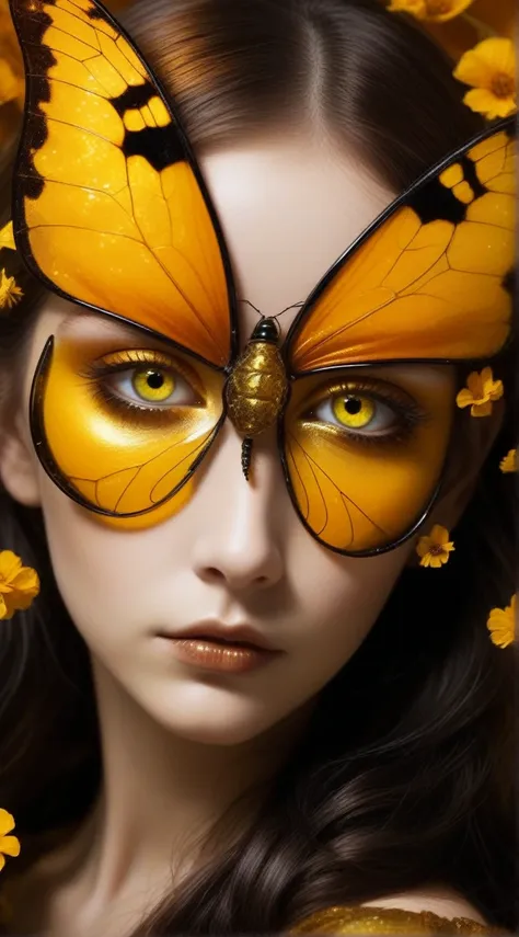 Hybridexa insect deep in amber, A dark and mysterious world unfolds, A surreal dead girl with liquid gold eyes wanders around, Lost in amber&#39;s mysterious dream world, surrealism  