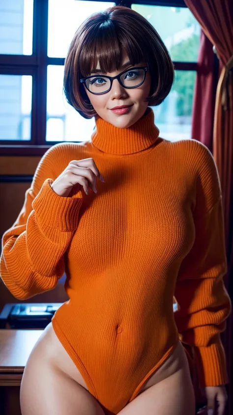 sensual velma from scooby doo with big  and square glasses wearing a tight orange turtleneck sweater, mischievous, horny, collar...