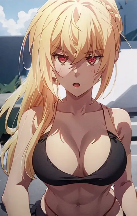 Masterpiece, best quality, highly detailed, highres, 8K, natural lighting, 1 girl, blonde hair, ahoge, ruby eyes, huge breast, black tank top, mini short pants, she wet, sexy pose, outdoor , detailed eyes, perfect eyes colors, detailed eyes, detailed finge...