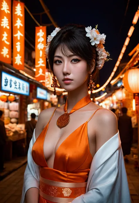 dark orange moonlight,dim orange neon lighting,natta,A beautiful woman wearing a  on the busy streets of Gintama, surrounded by vendors, beautiful portrait of a stunning goddess girl, beautifull detailed face, Porcelain Skin, full body shot shot, centred, ...