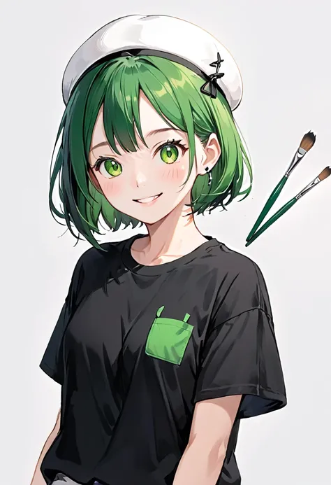  (high-resolution illustration 1.3), young female artist, (plain black T-shirt without text 1.2), (short black bob cut), (large clear eyes 1.1), (white beret hat 1.2), (large brushes 1.2), (green ink on brush tips 1.4), slim figure, (dynamic pose 1.2), (ar...