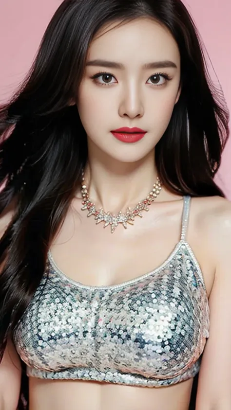 low-cut sequined crop top，necklace. (best quality : 1.2), (masterpiece, reality : 1.3), super detail, positive face