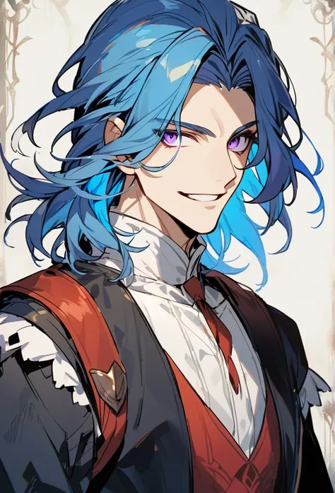 Handsome, 1 male, solo, medium length hair, with bangs, bright blue hair with hidden white highlights, sharp eyes, purple eyes, white shirt, red tie, black jacket, black pants, smile facial, half body shot. medieval era. 