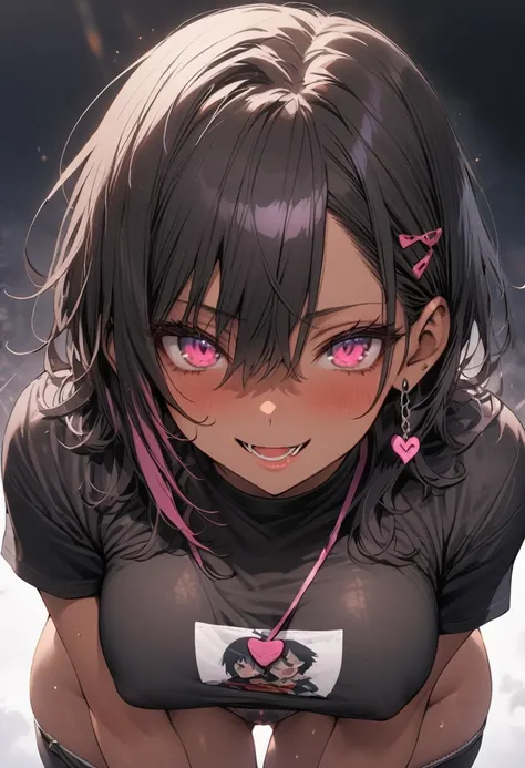 ((masterpiece,High resolution,Highest quality))
(28 years old,一人の浅Dark Skinの女性,Very small waist,Big Breasts, Provocative smile, Charm, 
(Purple shorthair, Bangs alignment, Dark Skin,Pink Eyes,poorly eyes)
(Black Micro T-Shirt, No bra), tight, Bite, vibrato...